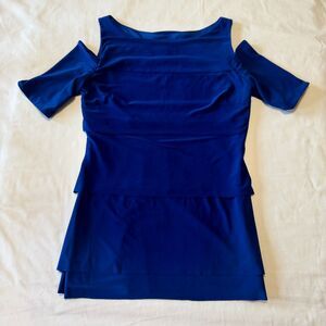 Joseph Ribkoff Womens Cold Shoulder Tiered Top Size 6 Royal Blue Stretch Jersey